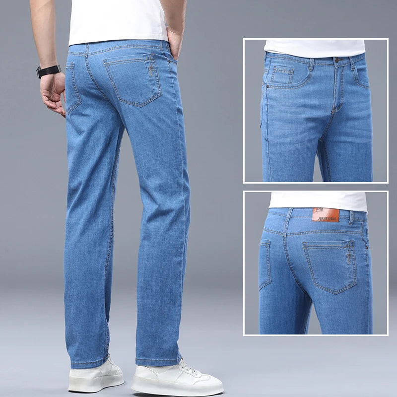 Business Thin Denim Jeans for Men Straight Stretch Cotton Work Pants Business Casual Lightweight Trousers Spring Autumn Workwear