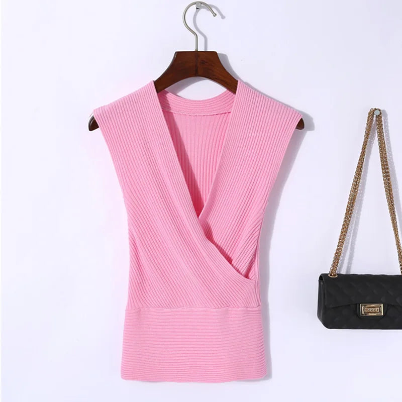 Sexy Deep V Neck Sweater Women 2025 New Womens Clothing Slim Bottoming Large Elastic Knitwear Rib Cotton Sleeveless Top Jerseys