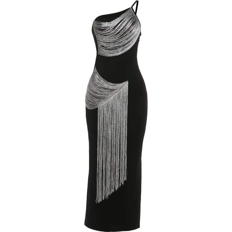 Hottie Tassel Dress Women Inclined Shoulder Sleeveless Sexy Skinny Prom Party Summer Fashion Vacation Chic Vestidos