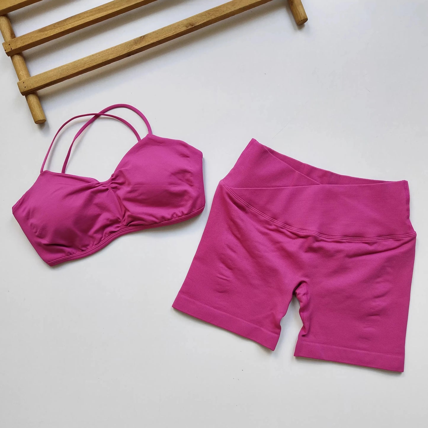 Women's Open Back Yoga Tank Top Built-in Pads, High Waist Peach Butt Lift Shorts Cross Waist Workout Set
