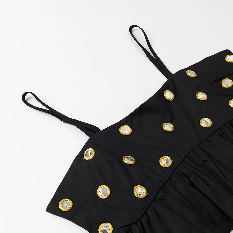 VEITCHE Women Metal Hollow Pleated Suspender Skirt Suit Sexy Sleeveless Vest High Waist Mini Skirt Lady Vacation Dress Set