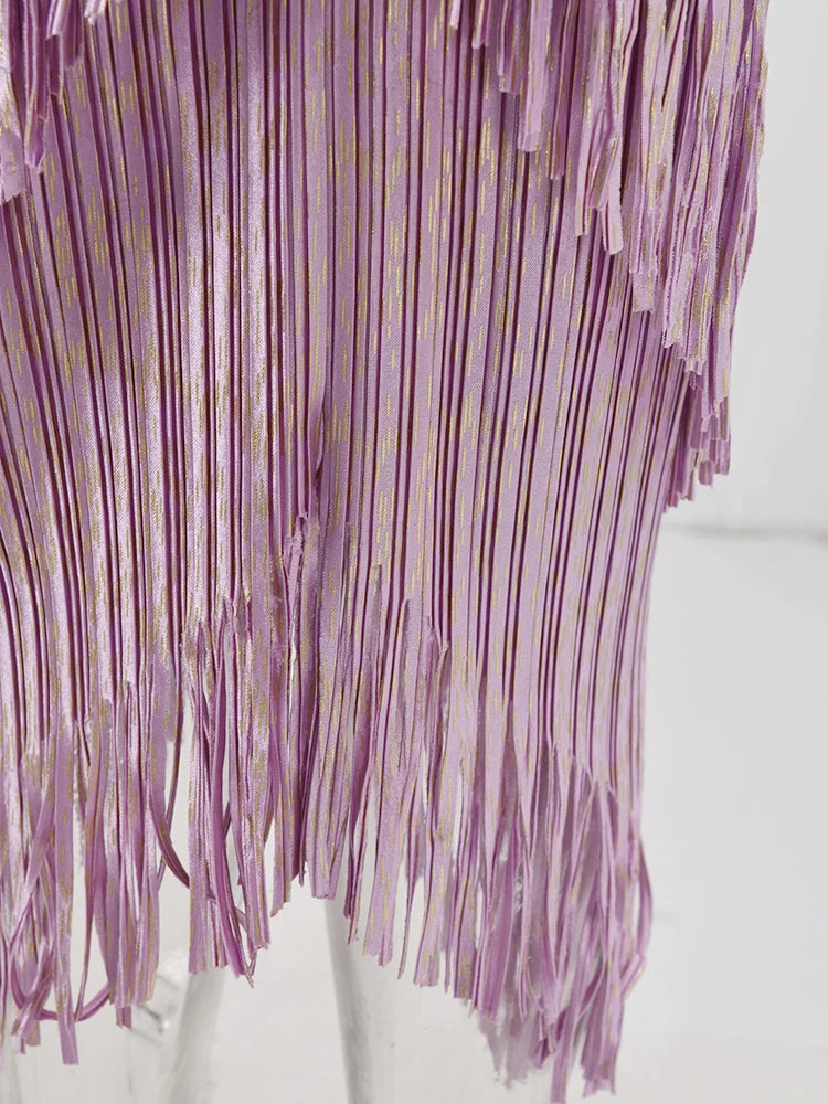 LANMREM 2025 New Elegant Party Tassel Pleated Dress Women V Neck Sequins Spliced Irregular Long Dresses Fashion Clothing 2DA1641