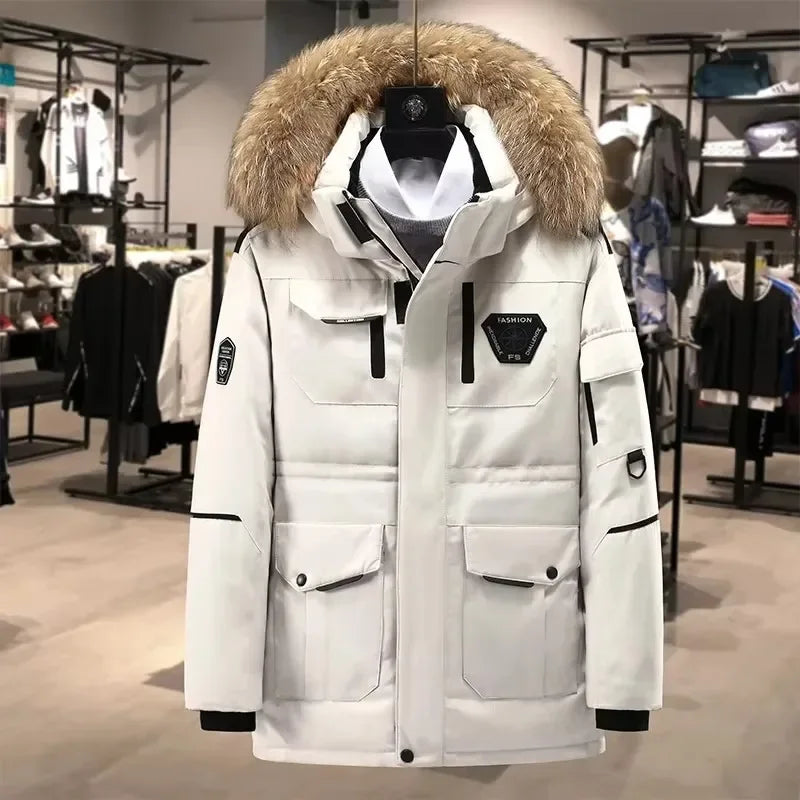 Neue Ankunft Männer Unten Parkas Mode Winter Jacke Dickes Fell Hoddy Outdoor Ente Unten Polsterung Mantel Männlichen Mit Kapuze Outwear