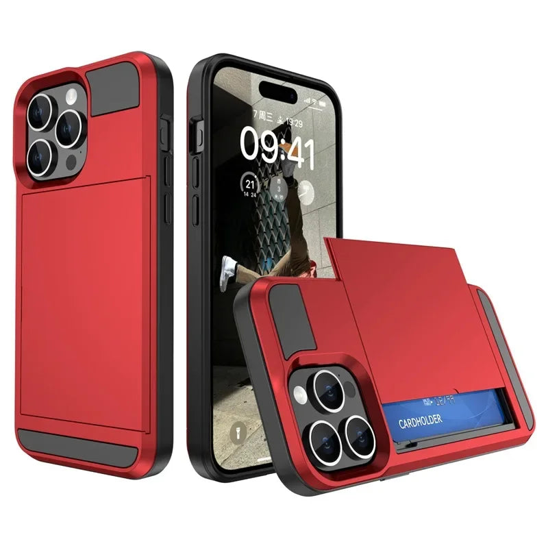 Phone Case for IPhone 16 15 14 Plus 13 12 11 Pro Max Wallet with Card Holder Slot Sliding Pocket Dual Layer Protective Cover