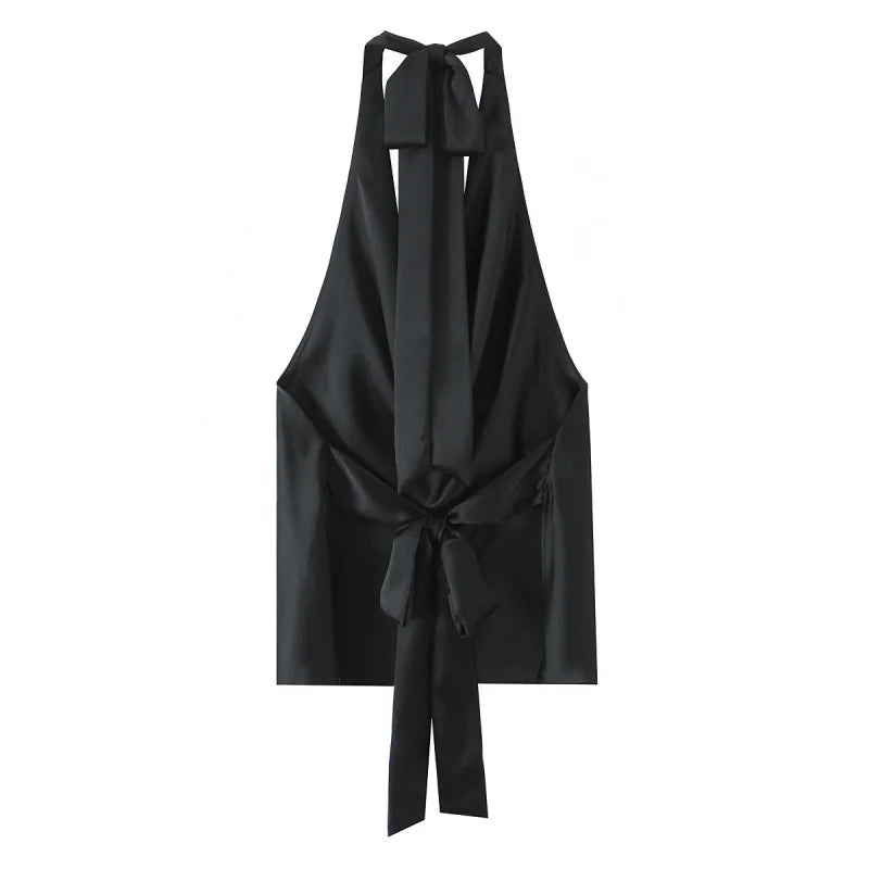 Women Casual Satin Halter Top with Adjustable Tie Sleeveless Open Back Solid Collar Vest Summer Beach Style Casual Female Blouse