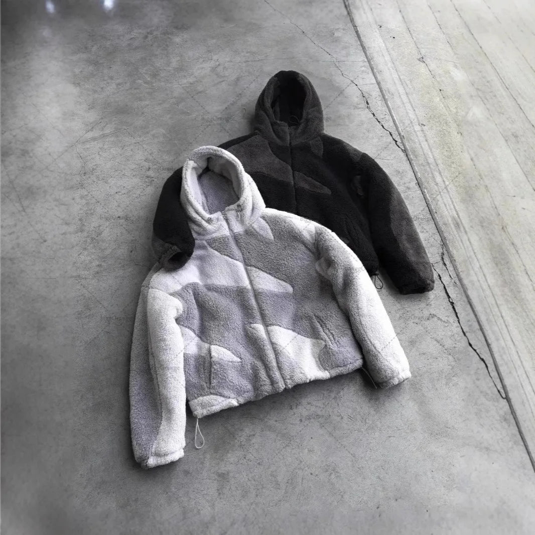 Street Wear Men's and Women's Zipper Hooded Men's Wool Jacket Autumn Winter American Retro Lamb Wool Splicing Windproof Jacket