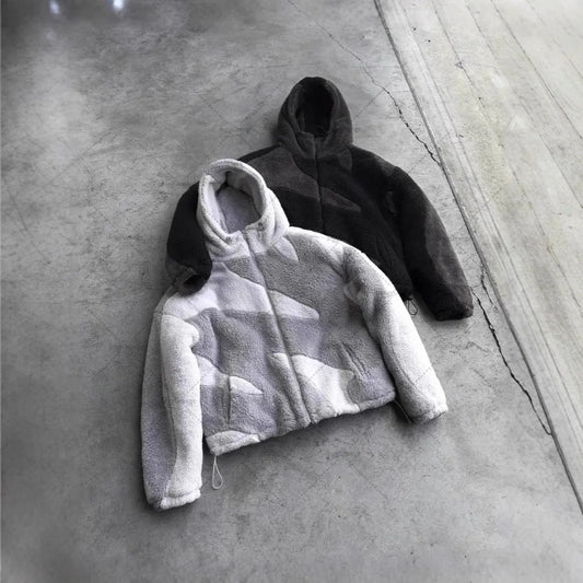 Street Wear Men's and Women's Zipper Hooded Men's Wool Jacket Autumn Winter American Retro Lamb Wool Splicing Windproof Jacket