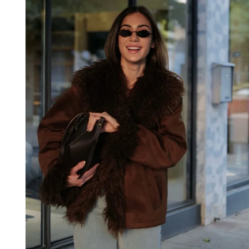 HXAO Women's Coat Cropped Faux Fur Coat Autumn Winter Warm Hairy Brown Jacket Women Long Sleeve Elegant Luxury Coat Ladies