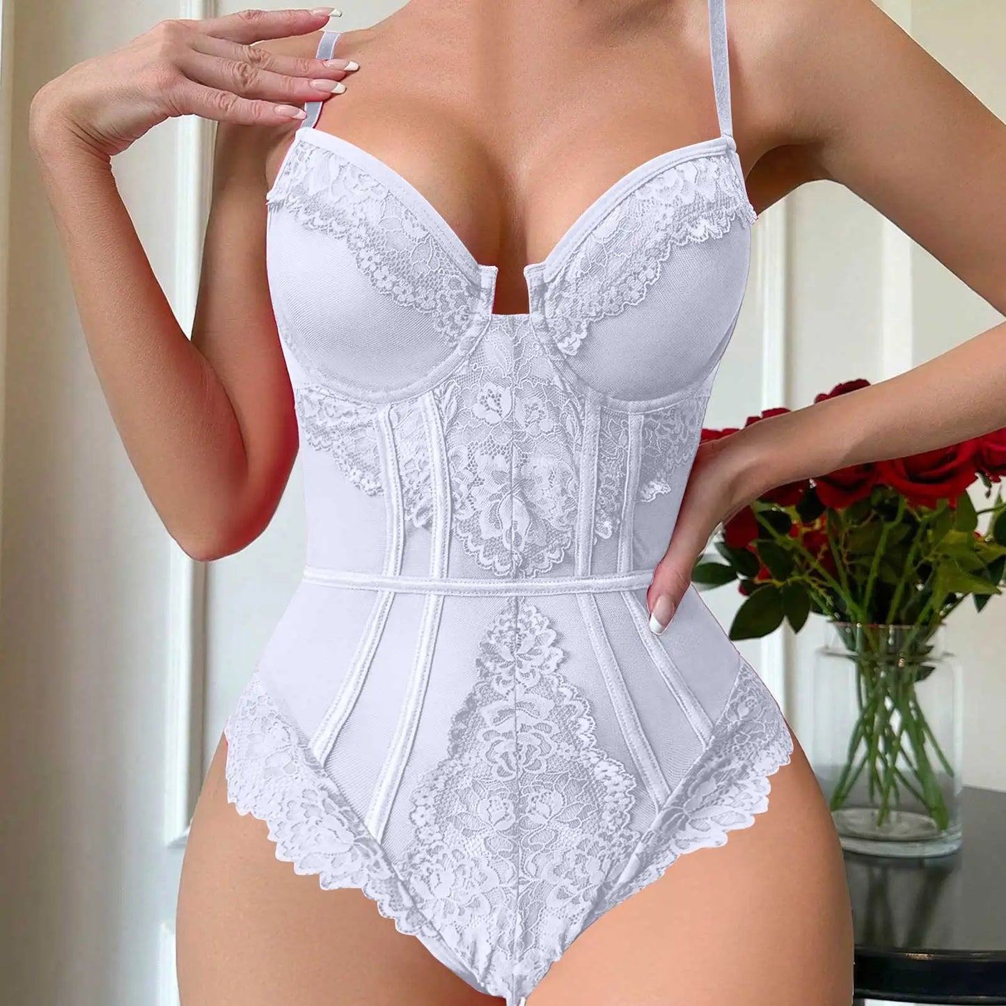 Sexy White Lace Bodysuit Strappy Sheer Corset Lingerie Seductive Push Up Teddy Bodysuit For Women Sexy Lace Mesh Lingerie