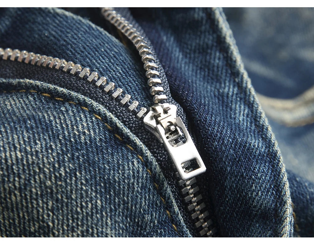 Men's Badge Patch Boot Cut Jeans Rivet Vintage Retro Blue Stretch Denim Pants Streetwear Slim Flared Trousers