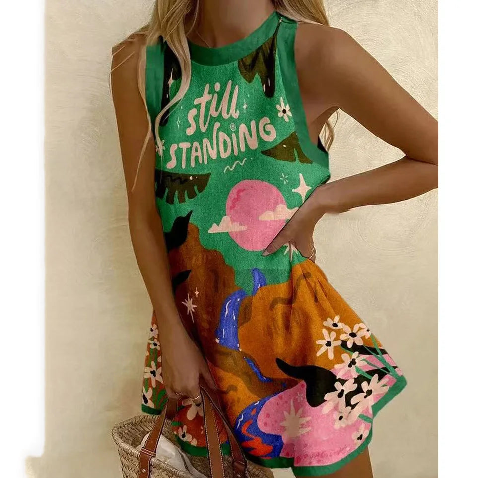 Vestidos Para Mujer Women Puzzle Print Summer Dress Sleeveless Casual Tank Top O-Neck Beach Dresses Female High Quality Clothing