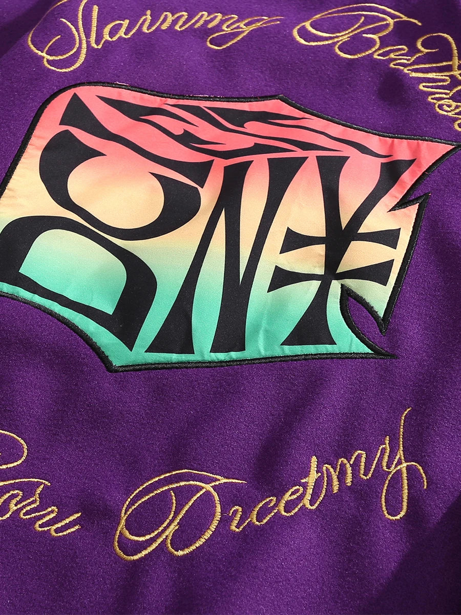 Herren Stehkragen Gespleißte Lederstickerei Wolljacken Trendy Street Hip Hop Hübscher Casual Loose Einreihiger Mantel