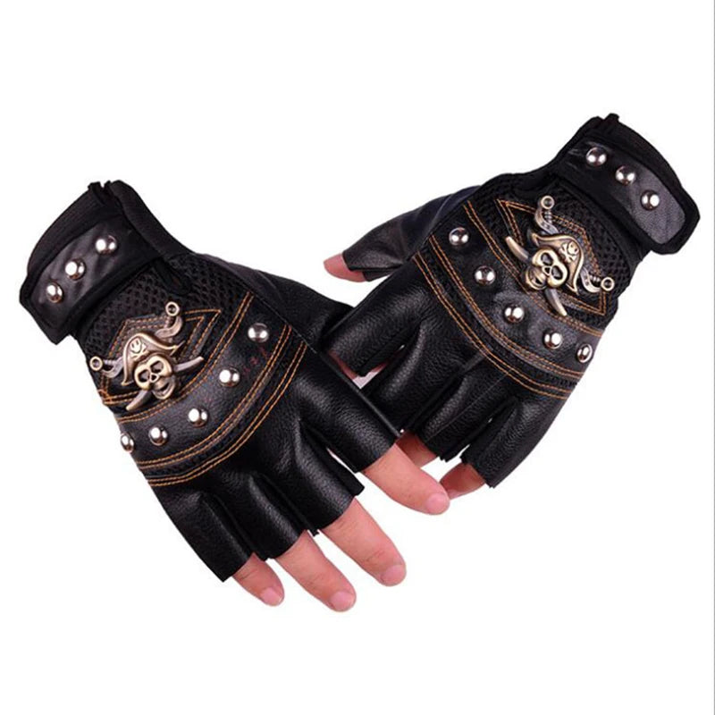 Motorcyclist Men's Gloves PU Pirate Head Glove Fashion Training Exercise Spring Autumn Breathable Street Dance Riveted Gloves