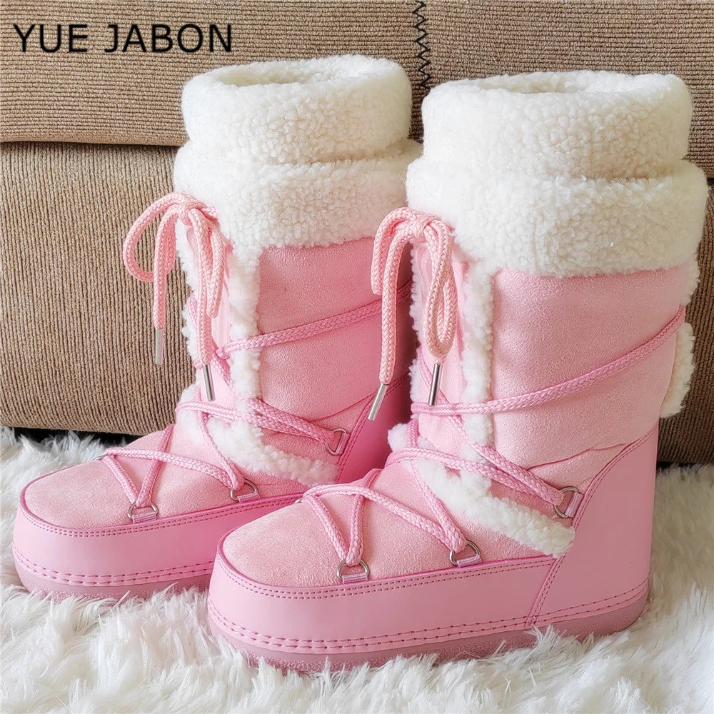 Pink Lamb Fleece Cotton Snow Boots for Women 2026 Winter Soft Warm Comfortable Lace-up Mid-calf Boots Soft Non-slip Ski Boots