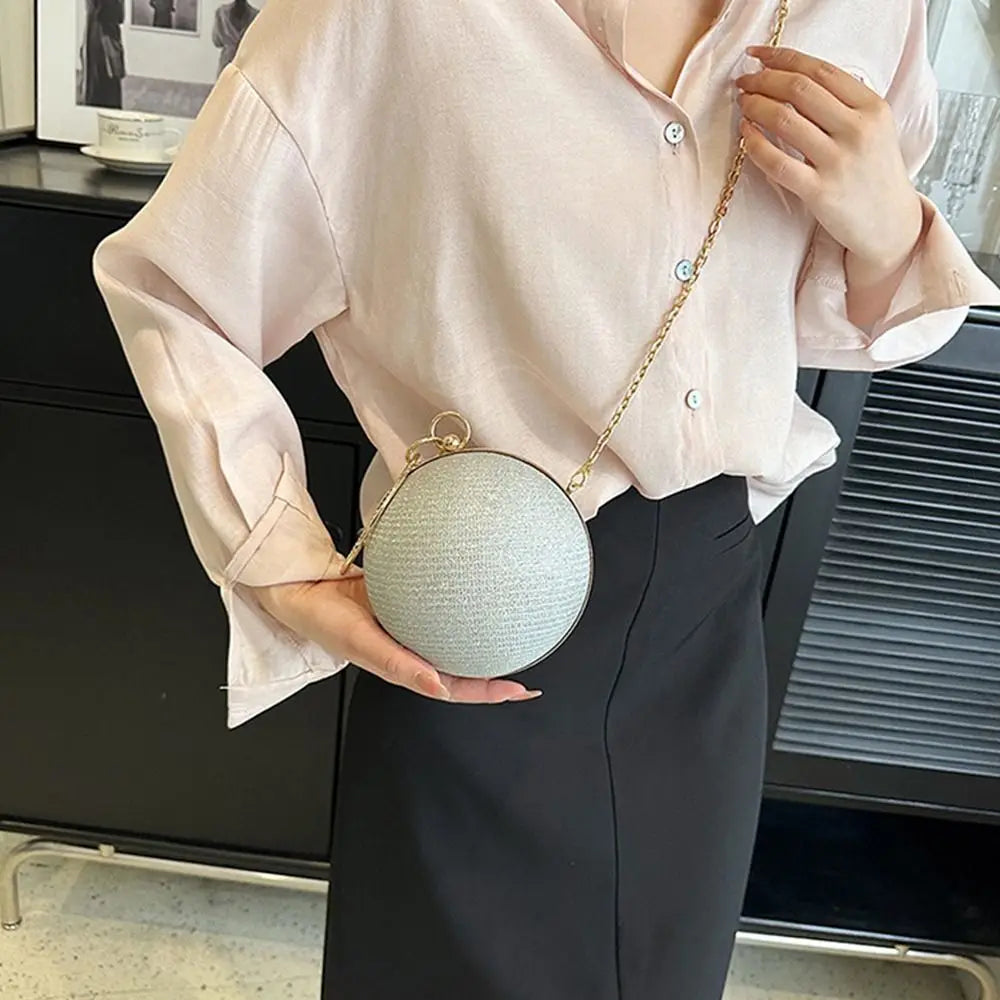 Elegant Circular Evening Bag Gold Bright Silk Rhinestone Decorative Chain Banquet Clutch Shoulder Bags Wedding Party