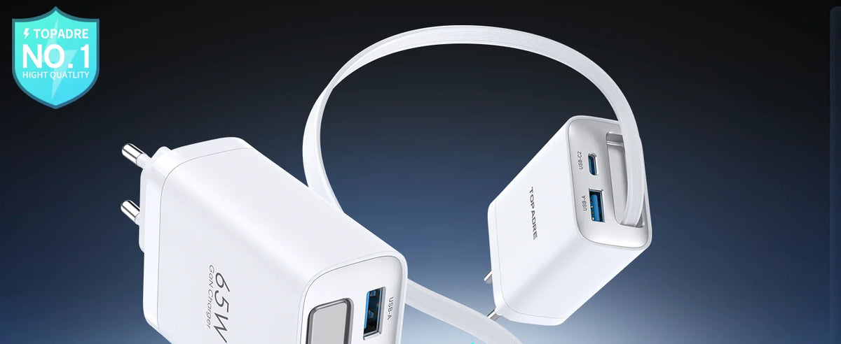 65W GaN PD3.1 Fast Charger With Retractable Cable , 3-Port Type-C + USB-A Travel Adapter For IPhone ,  Laptops, Galaxy Series
