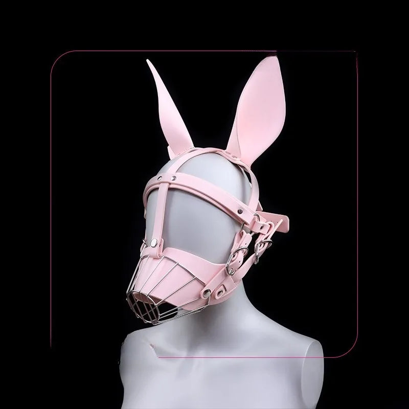 Sexy Pink Leather Hood Cute Style B*SM Human Muzzle Helmet Women Lingerie Restraint Straps Mask Adult Products Role Play Devices