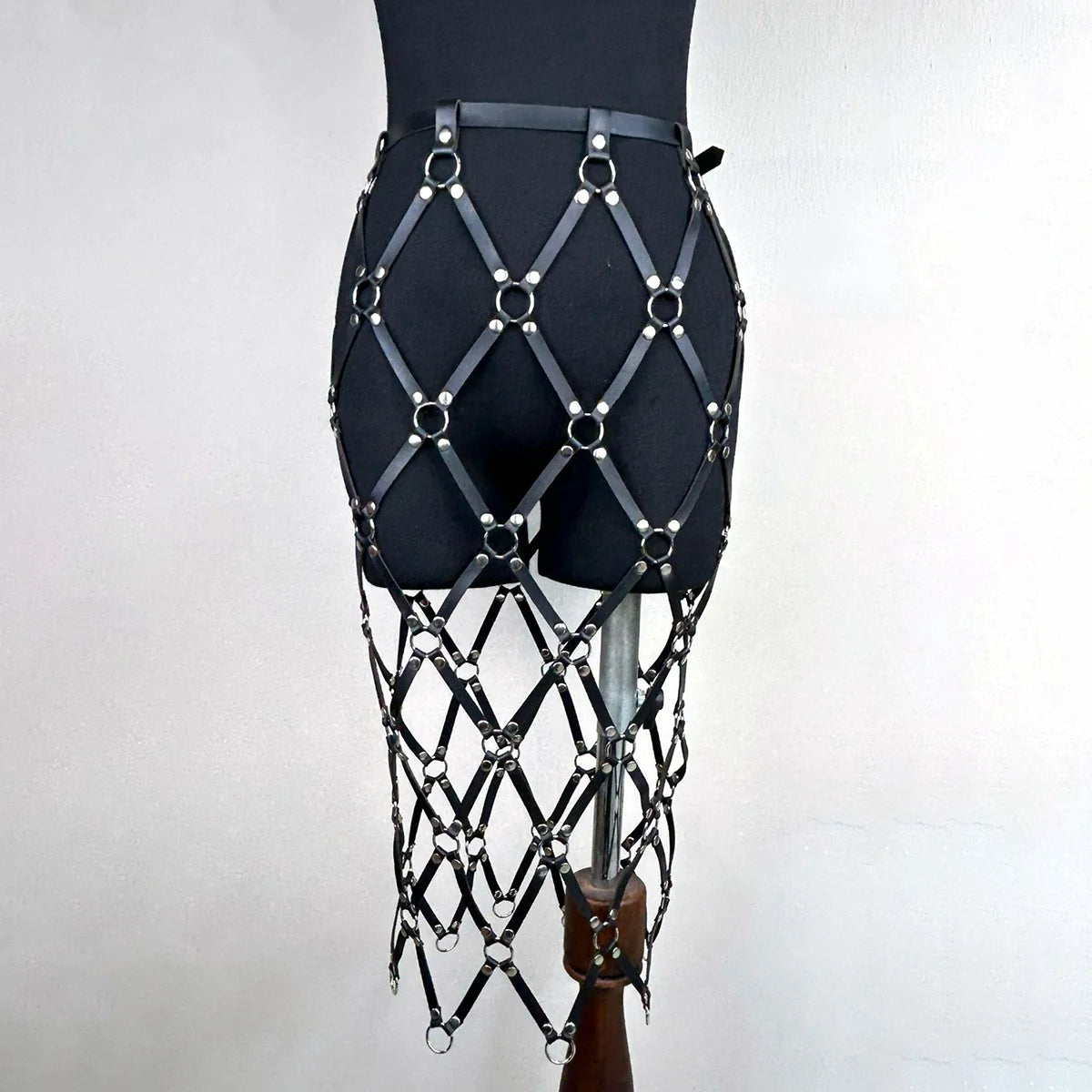 Handmade PU Leather With Ring Skirt,  Adjustable Cage Netting Design Skirt With Tassels, Pu Leather Skirt Harness, Rave Outfit.