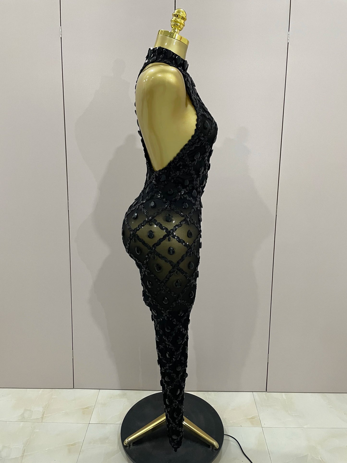 Luxury Sparkly Black Diamond Mesh See THhrough Jumpsuit Women Celebrate Birthday Sexy Dancer Nightclub Performance Stage Costume