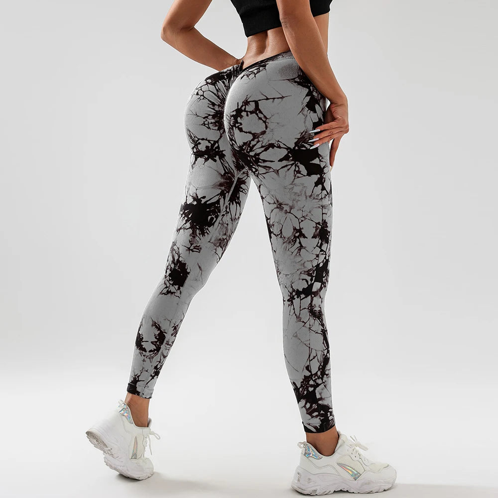 Women's Tie-Dye Leggings Casual V-Back Ruched Gym Tights Booty Scrunch Butt Lifte Tights Skinny Fitness Yoga Pants 2024