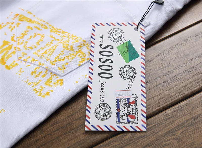 High Street Fashion Herren Jeans Nachtclub Schwarz Weiß Farbe Persönliche Designer Bedruckte Jeans Männer Punk Hosen Dünne Hip Hop Jeans