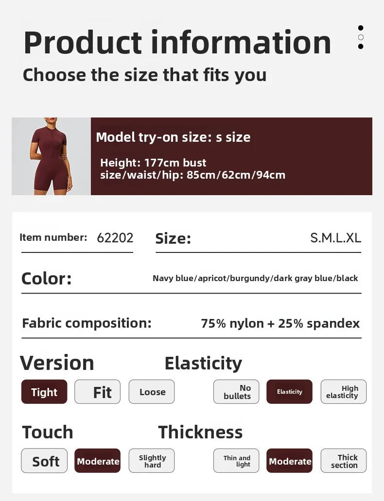 Women's zipper short sleeved yoga jumpsuit with functional pockets for hip lifting and tight fitting sports jumpsuit shorts