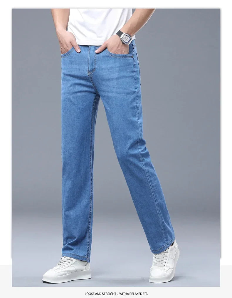 Business Thin Denim Jeans for Men Straight Stretch Cotton Work Pants Business Casual Lightweight Trousers Spring Autumn Workwear