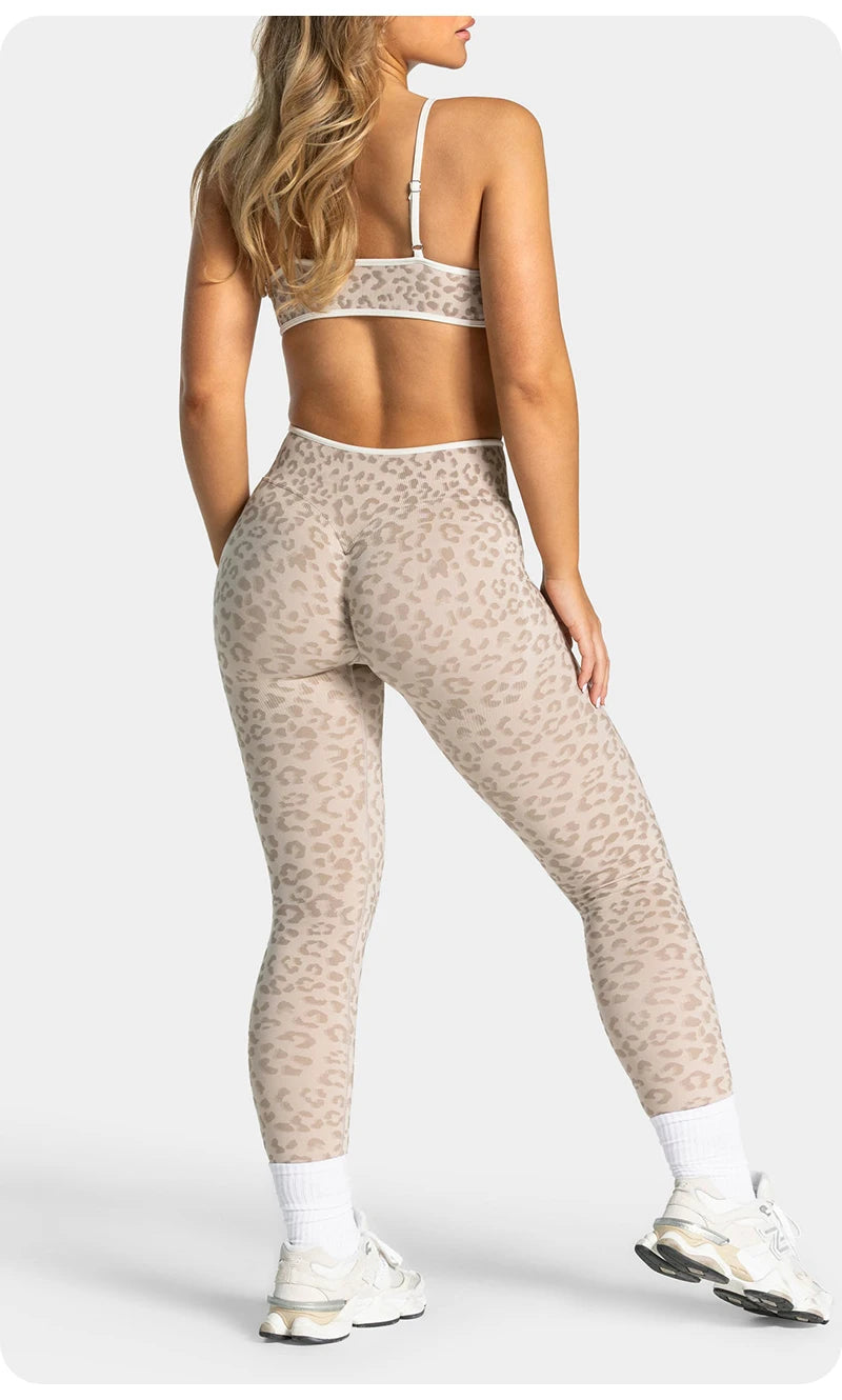 Women's Seamless Yoga Set Leopard Print Color Block Bra Top & Long Pants Workout Suit