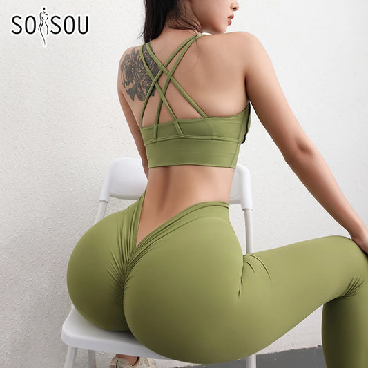 SOISOU Nylon Yoga Set Damen Trainingsanzug Sportbekleidung Gym Leggings Frau BH Brustpolster Abnehmbare V-förmige Hüfte Damenbekleidung