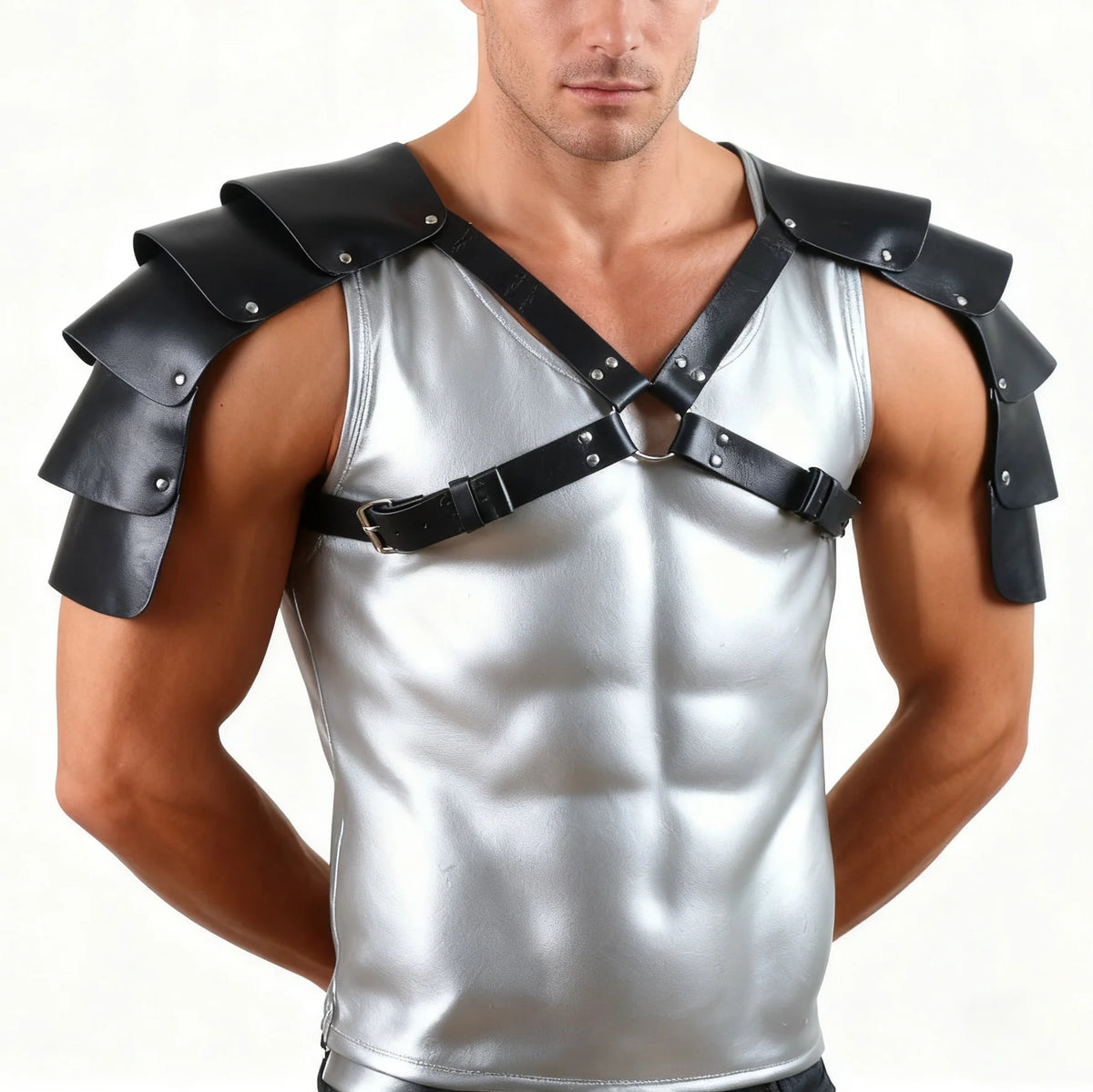 Men Medieval PU Leather Shoulder Armor Belt Halloween Cosplay Knight Body Chest Harness Adjustable Viking Shoulder Belt