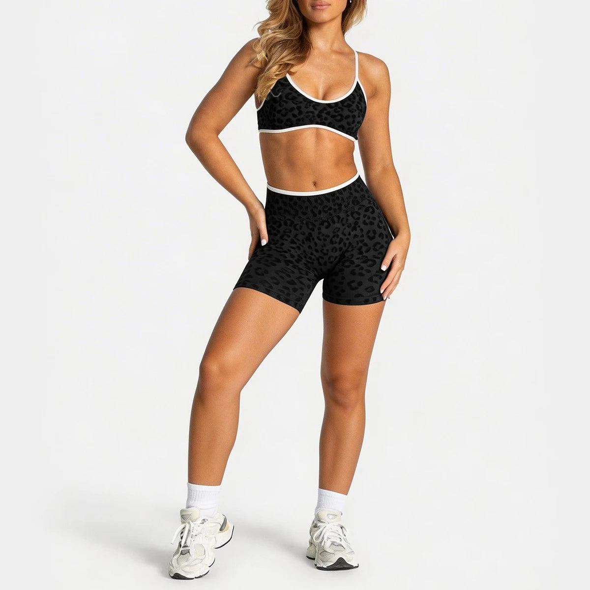 Women Leopard Print 2 Piece Yoga Set High Waist Butt Lift Biker Shorts Adjustable Strap Sports Bra Gym Workout Activewear