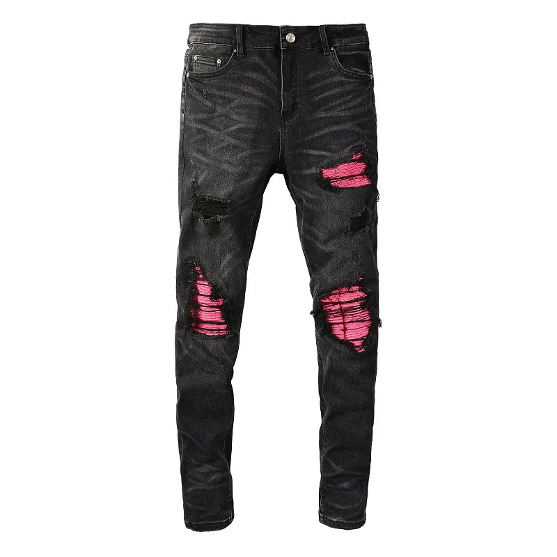 Men Cracked Leather Patch Biker Jeans Streetwear Pleated Patchwork Holes Ripped Stretch Denim Pants Skinny Tapered Trousers