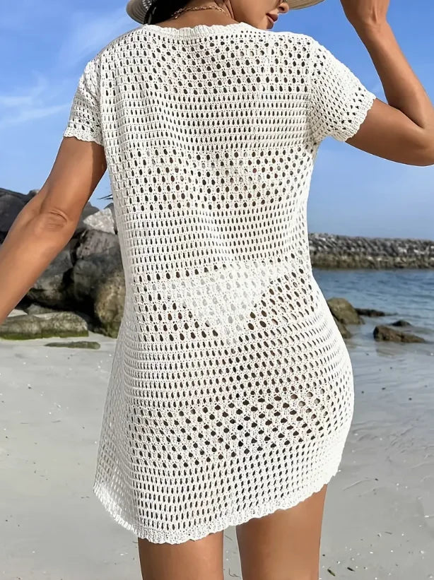 Summer Solid Color Mini Dress round Neck Holiday Hollow out Sun Protection Beachwear Women's Fashion Casual Skirt
