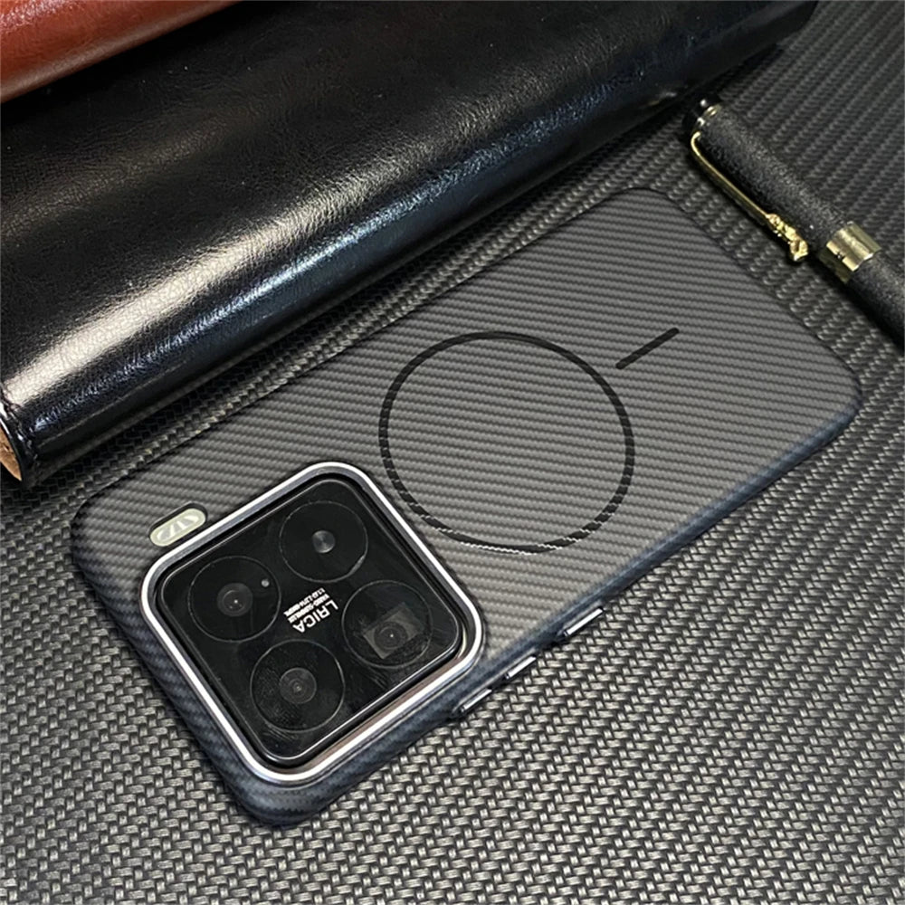 Ultra thin Carbon Fibre Pattern Metal Lens Frame Case for Xiaomi Mi 15 Pro Mi 14 Magnetic Wireless Charging Hard PC Slim Cover