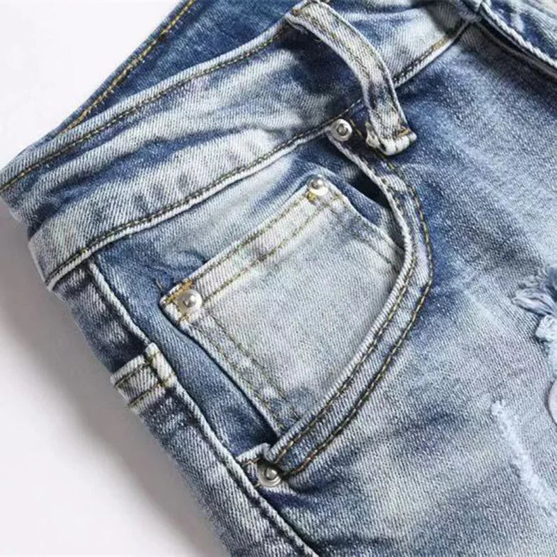 Men's Hip-Hop Style Distressed Holes Jeans Wash Ripped Pants with Red Embroidered Patches Casual Trendy Streetwear Trousers