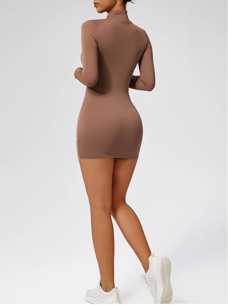 Fitness Bodysuit Sportswear Gym Set Women Clothes Jumpsuit Long Sleeved Workout Short Skirt Push Up One-piece Zipper Yoga Suit