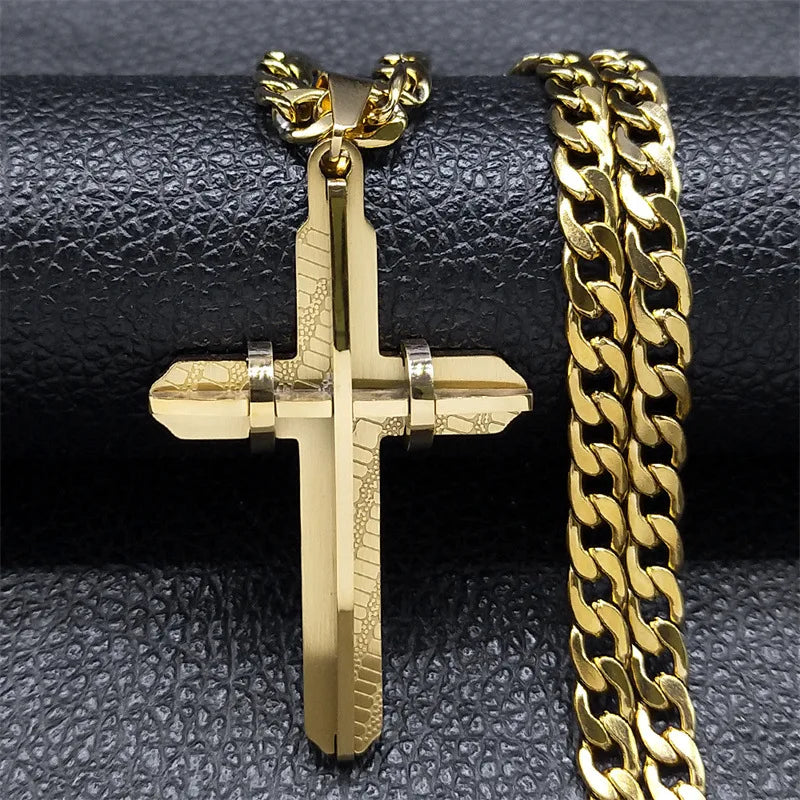 HNSP 316L Stainless Steel 3D Cross Chain Necklace Pendant For Men Jewelry Accessories Gold Silver Color