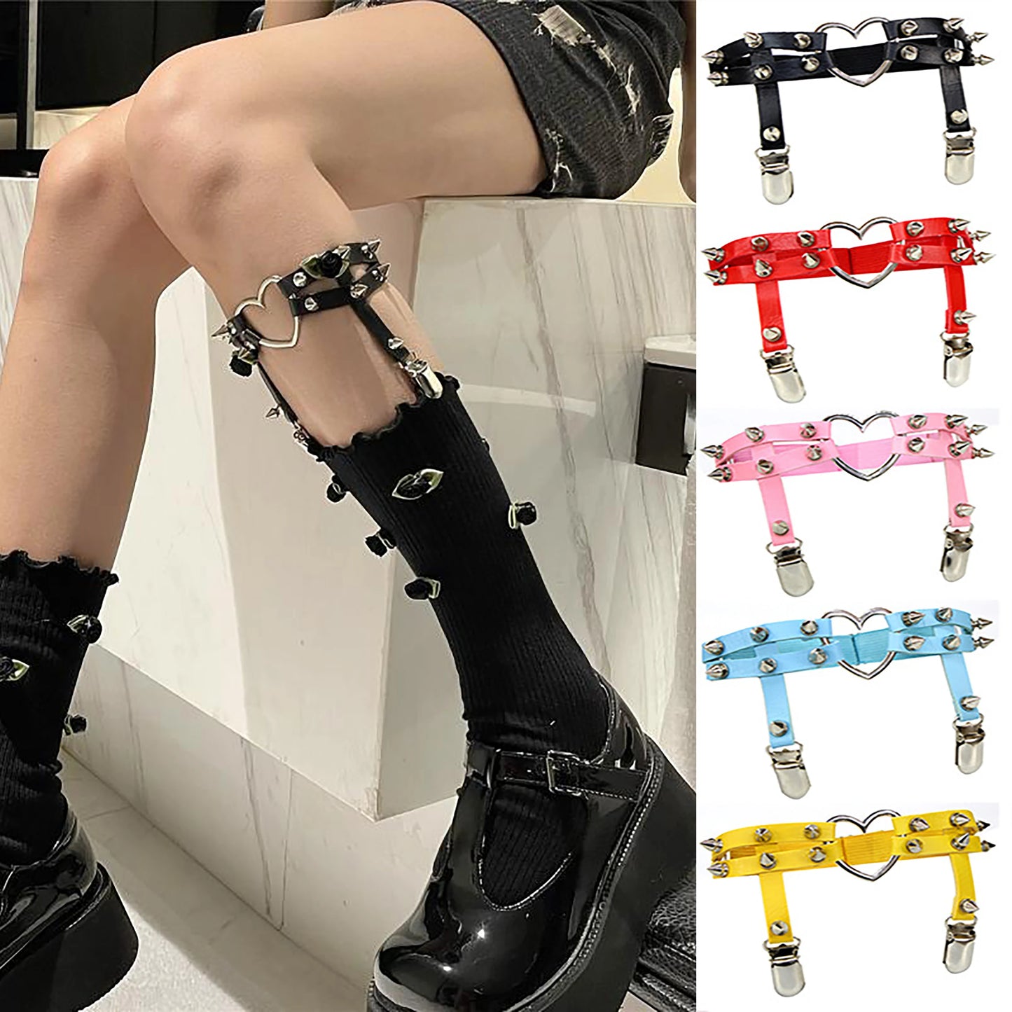 1PC Frauen Sexy Strumpfband Nieten Bein Ring Rock Pub Punk Goth Herz PU Leder Elastische Strumpfband Hosenträger Sexy Strümpfe Strumpfbänder