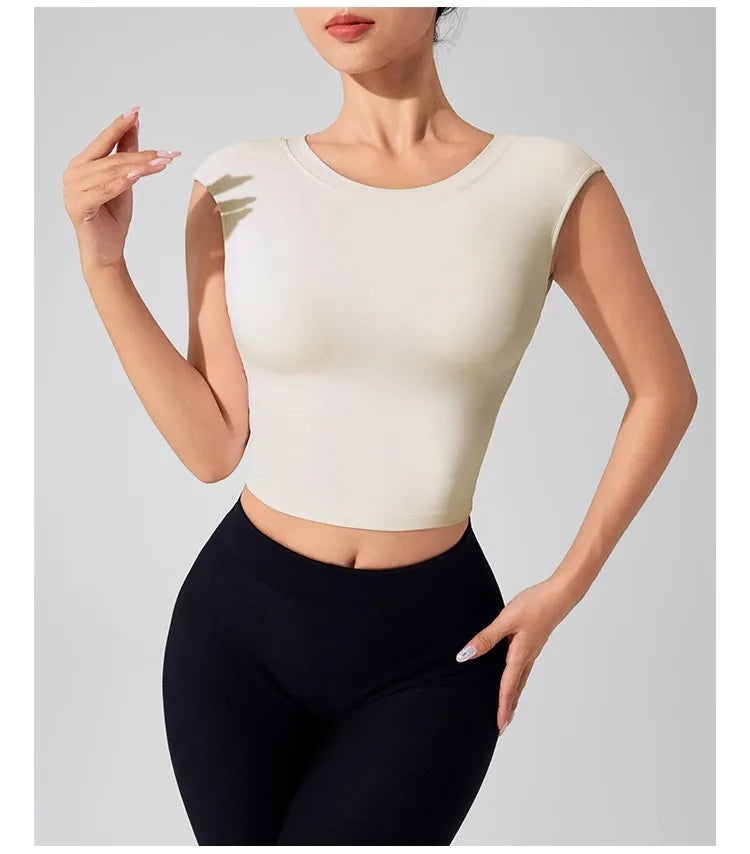 Women's Backless Fitness Clothes with Fixed Chest Pad Beautiful Top Short Sleeve Dance Sport  T-Shirt Yoga Wear