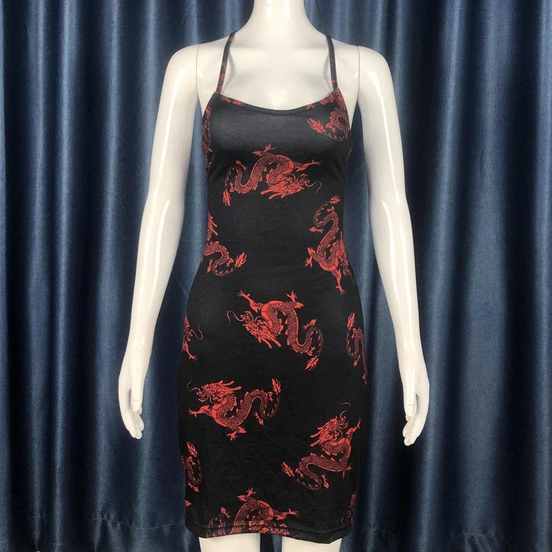 Damen Sommer Sexy Aushöhlen Figurbetontes Kleid Y2k Drachen Druck Spaghettiträger Rückenfrei Schnürung Kurze Kleider Party Clubwear