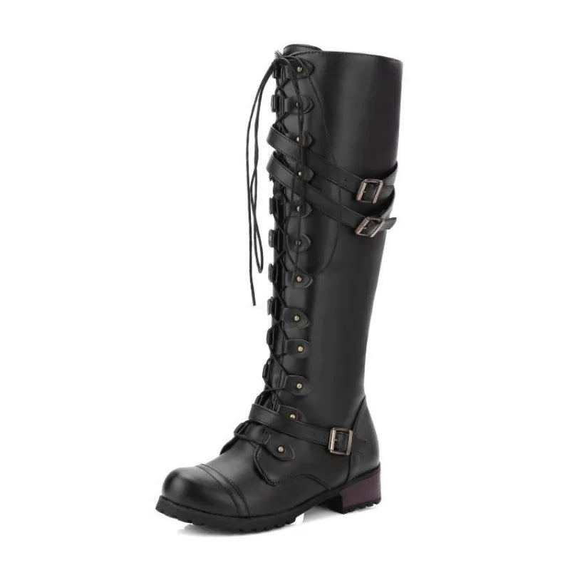 New Fashion Women Knee High Boots Brand Lace Up Platform Shoes Sexy with Buckle PU Retro Buckle Luxury Shoes Designer Snow Boots