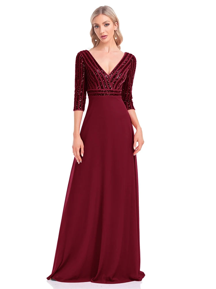 Lucyinlove Elegantes Langarmkleid mit Pailletten und V-Ausschnitt, rosa Abendkleid, Hochzeitsfeier, Abschlussballkleider für Frauen 2024