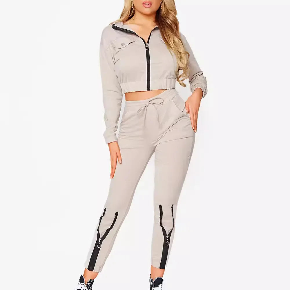 Casual Z601 Dress Set Long Sleeve Zipper Design Top + Drawstring Pants European And American Cross-Border