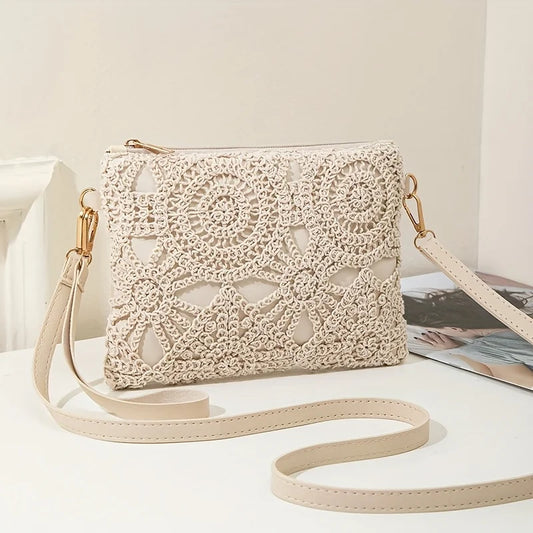 Korean Versatile Crossbody Crochet Bag, New Straw Woven Bag, Zipper Closure, Retro Casual Beach Flower Women's Bags
