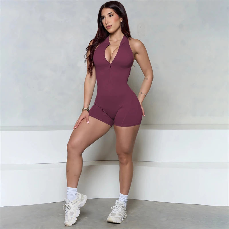 Women Bum Sleeveless ZIPPER Scrunch Butt Romper Women Sporty Jumpsuit Lycra Short Fitness Gym Overall New Workout Clothes