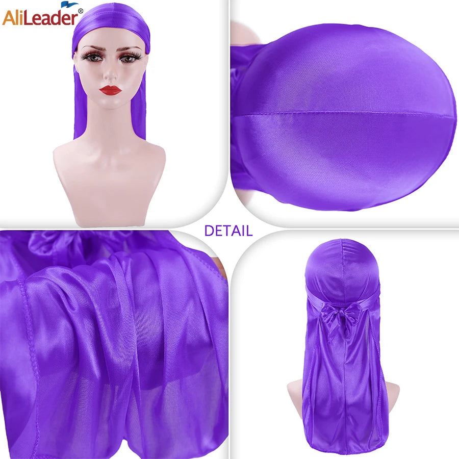 Unisex Seidige Durags Bandanas Turban Hut Perücken Doo Männer Satin Durag Biker Kopfbedeckung Stirnband Haar Zubehör Extra Lange Schwanz Du-Rag