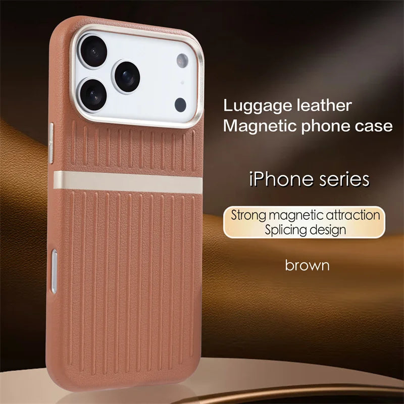 Business Luggage Leather Magnetic Case For iPhone 17 16 15 14 13 Pro Max 17Air For MagSafe Wireless Charging Fashion Cover Funda