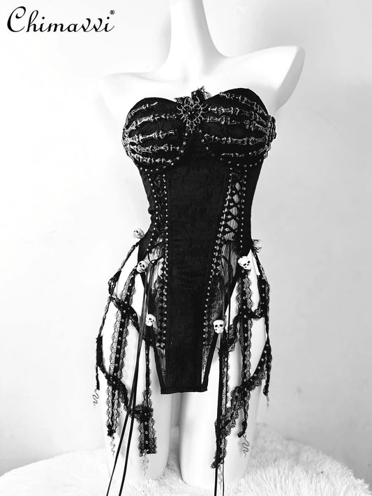 Original Punk Dark Girls Handmade Goth Skull Black Strap Drawstring Corset Bird Cage Lace Tassel Tube Top Long Trailing Skirt