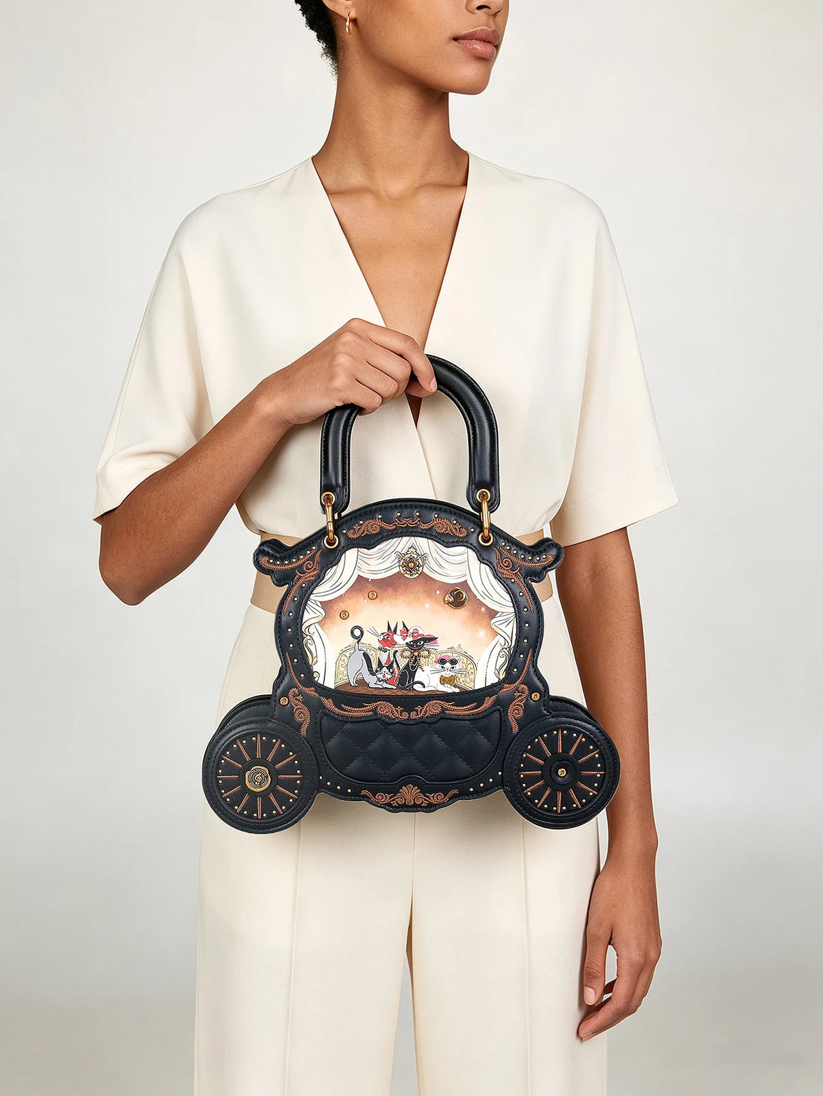 Fashion New 2026 Ladies' Hand-Held Special-Shaped Bag Retro Carriage Handbag niche Unique Cat Print Bag Personality Sweet and Co