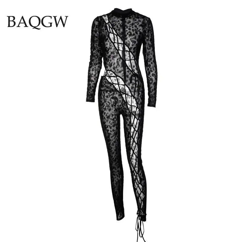 Skinny Hollow Out Cross Bandage Patchwork Jumpsuits Women Leopard Print Retro Fashion Sexy Cleavage Bodycon Party Clubwear Hot